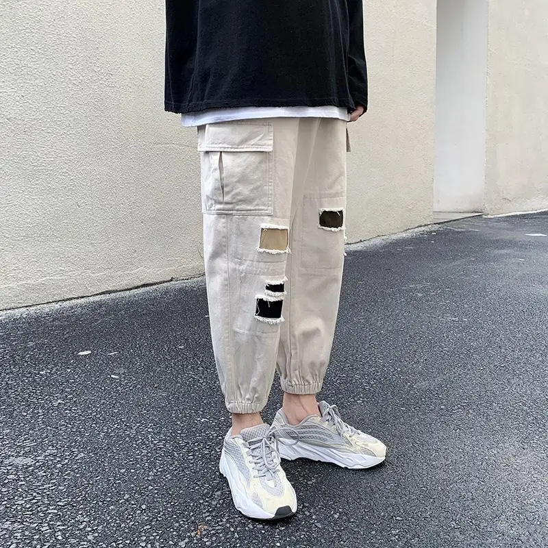 

Hole patch style casual overalls men's fashion pants men's autumn trend straight tube loose Street beggars pantalon hombre