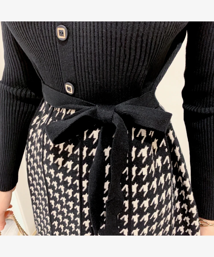 winter womens korean style knit dress fashion turtlenck sweater knit spliced plaid high waist a line dress vestidos knee length free global shipping