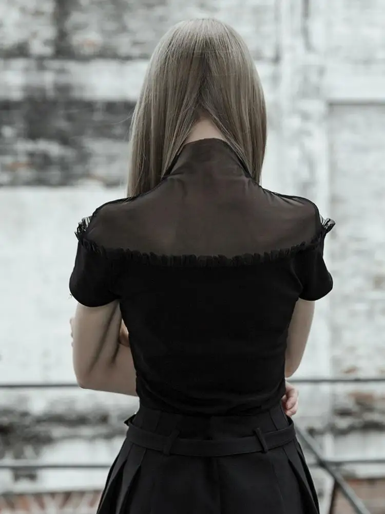Женская Черная Футболка в стиле панк с оборками и сеткой Goth OPT363TD|Футболки| |
