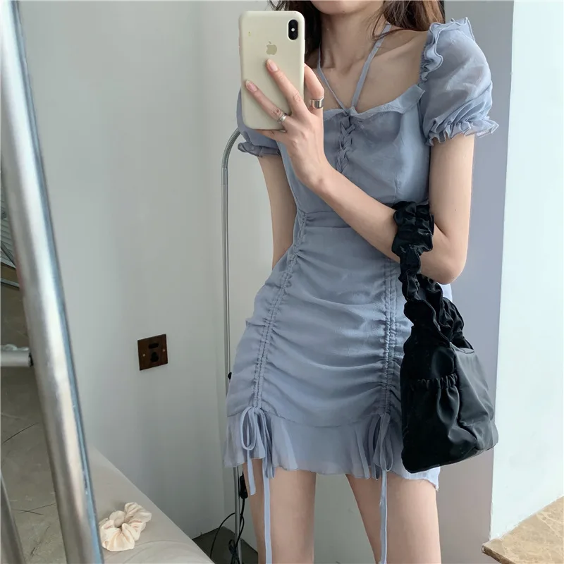 

2021 Fashion Summer Square Collar Flare Sleeve Women Dress Vintage Drawstring Dresses Korean A-Line Sexy Mini Vestidos Femme