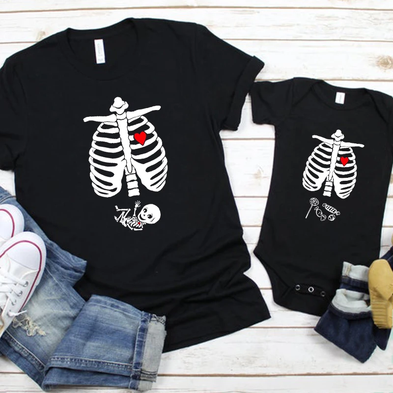 

Pregnancy Halloween Shirts for Family Skeleton Baby Boy Tshirt Vacation Matching Tee 2022 Fashion Party Tops Print Big Sister