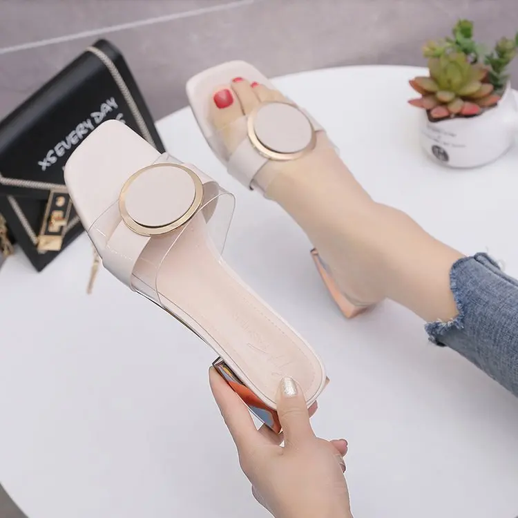 2021 New Fashion Slippers Women's Low Heel Transparent Slippers Square Heel Summer All-match Women's Sandals  Shoes Woman