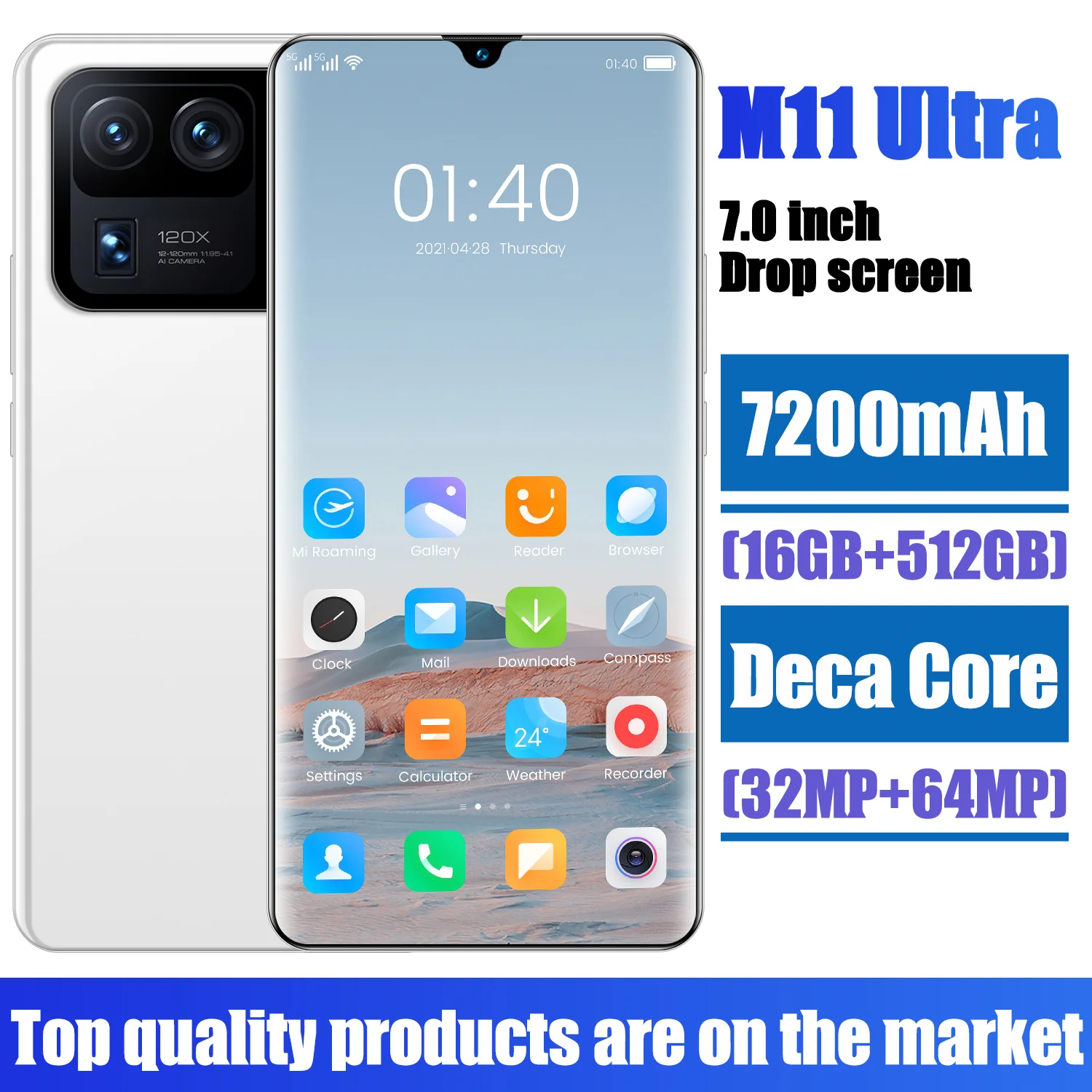 

Xiami M11 Ultra Global Version 7 Inch Smartphone 16GB 512GB 32MP 64MP Android 11 Snapdragon 888 Face ID 7200mAh Mobile Phone