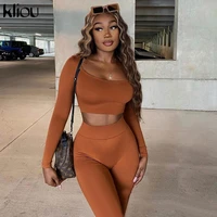 kliou classic two piece set women autumn low neck crop topsskinny pencil pants matching outfit female solid casual tracksuit