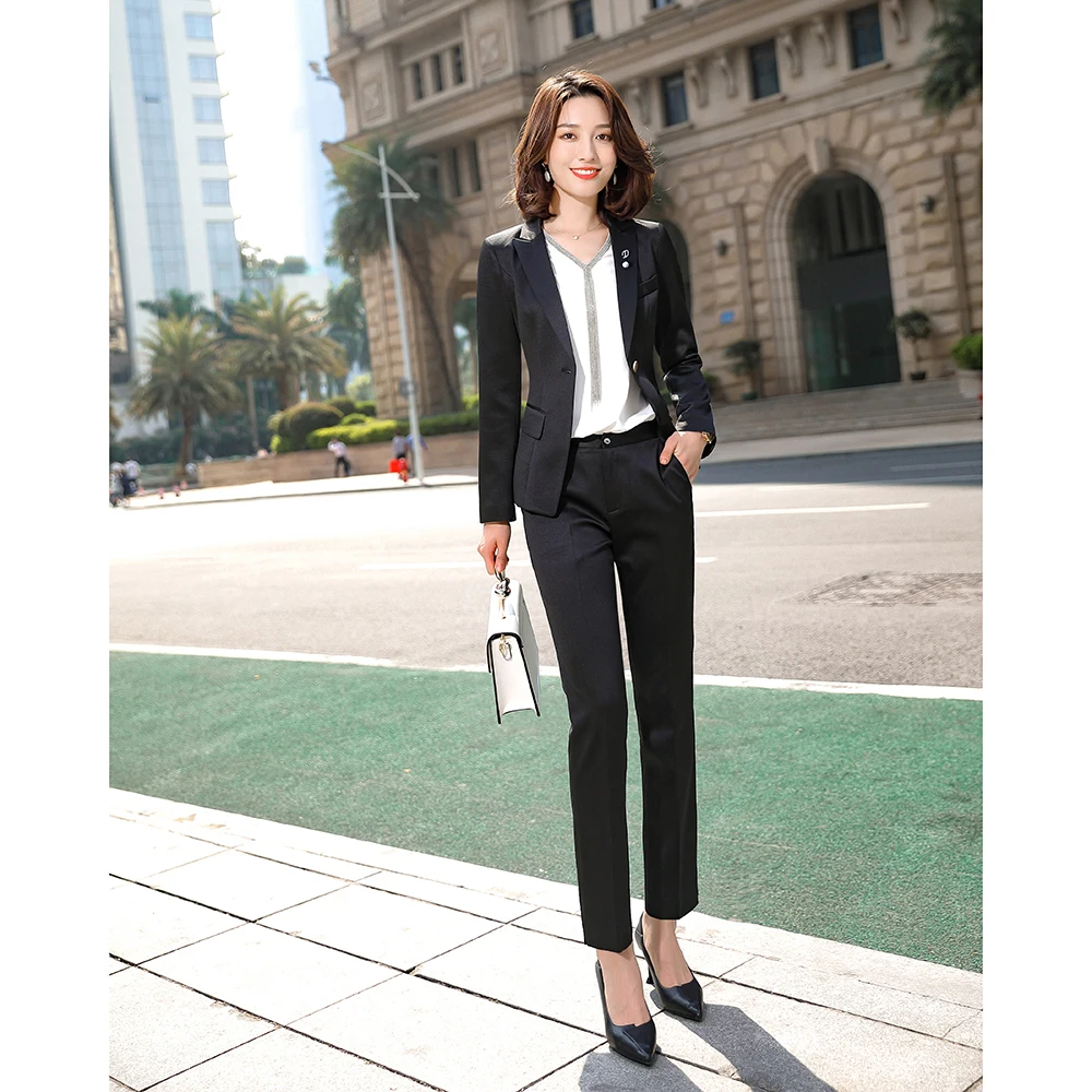 

New Elegant Autumn Solid White Purple Pant Suits For Women 2 Piece Set Formal Blazer Jacket Trousers Office Lady Plus Size S-4XL