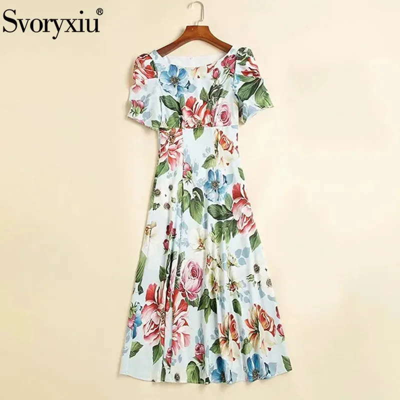 

Svoryxiu Runway Designer Summer Vintage Dress Women's Elegant O-Neck Puff Sleeve Flower Print High Waist Fashion Midi Dress