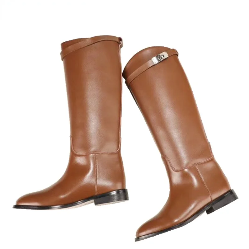 

New bootsWoman Motorcycle Booties Designer Genuine Leather Long Boots Belt Strap Metal Shark Lock Flat Heel Knee High Boots