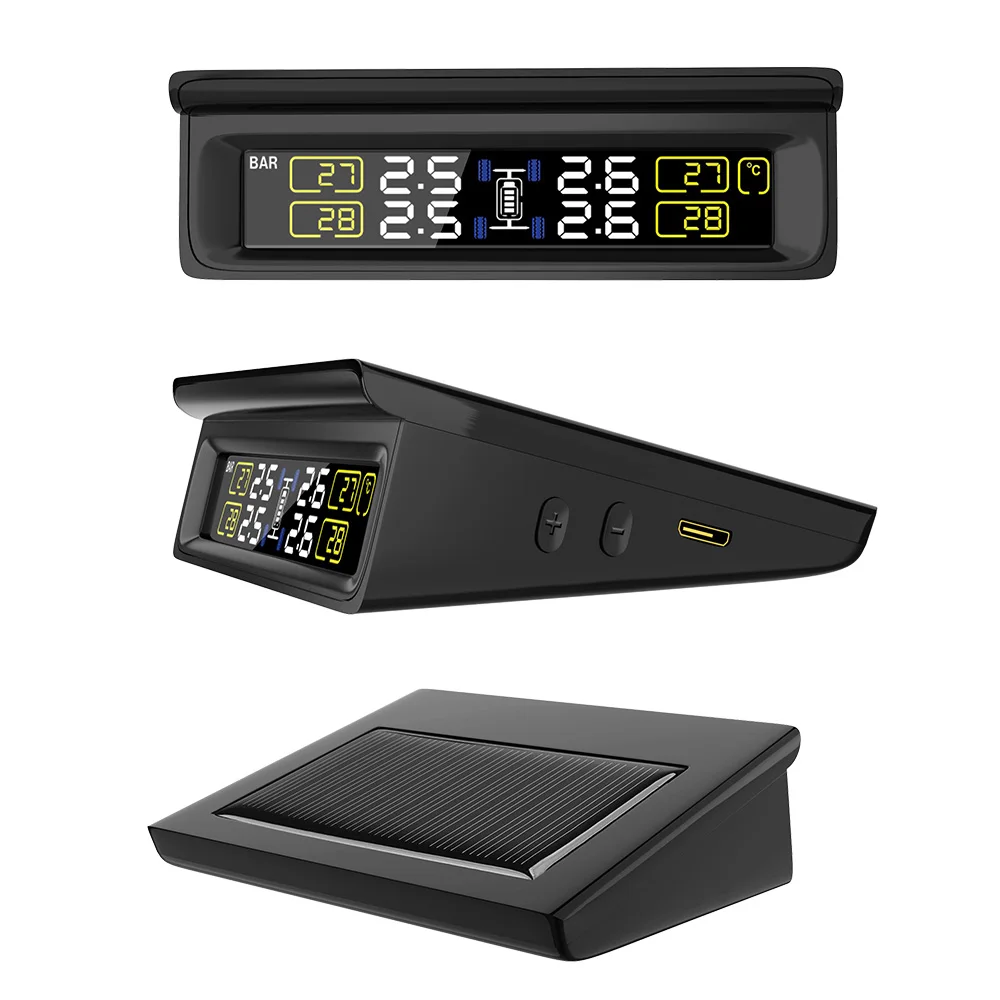 

Solar Power LCD Display with 4 Internal/External Sensor TPMS Tyre Pressure Monitoring System PSI/BAR Mode Replaceable Battery