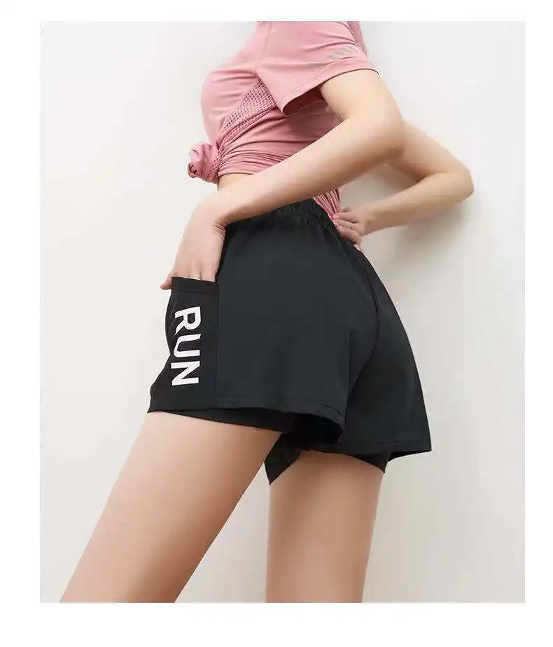 

Fitness shorts women's summer anti-empty running mesh fitness shorts fake two-piece yoga sports three-quarter pants