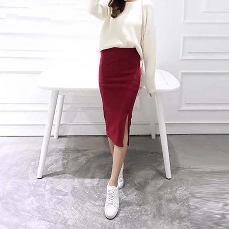 

Autumn Winter Bodycon Skirt Women Stretchable Split Skirt Mid Calf Slim Pencil Skirts For Women Female Knit Skirt