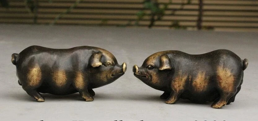 

Фольклорная китайская Статуэтка из чистой бронзы с резьбой по богатству, свинья, свиньи, свиньи, пара статуэток