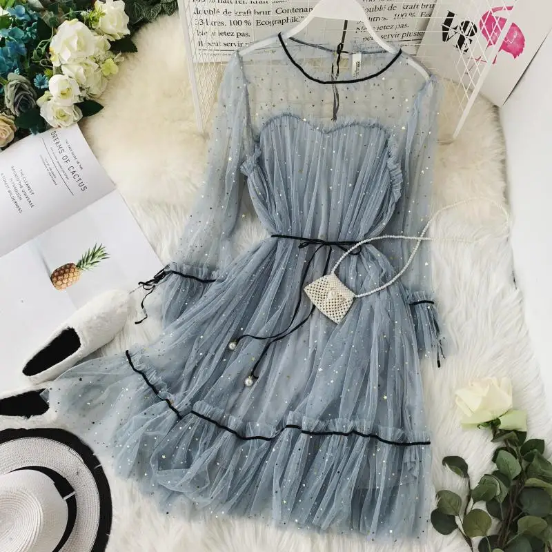 

2020 AutumnWomen Star Sequins Gauze Dress For Party Flare Sleeve Lace-up Princess Dress Female Elegant O-neck Mesh Midi Dresses