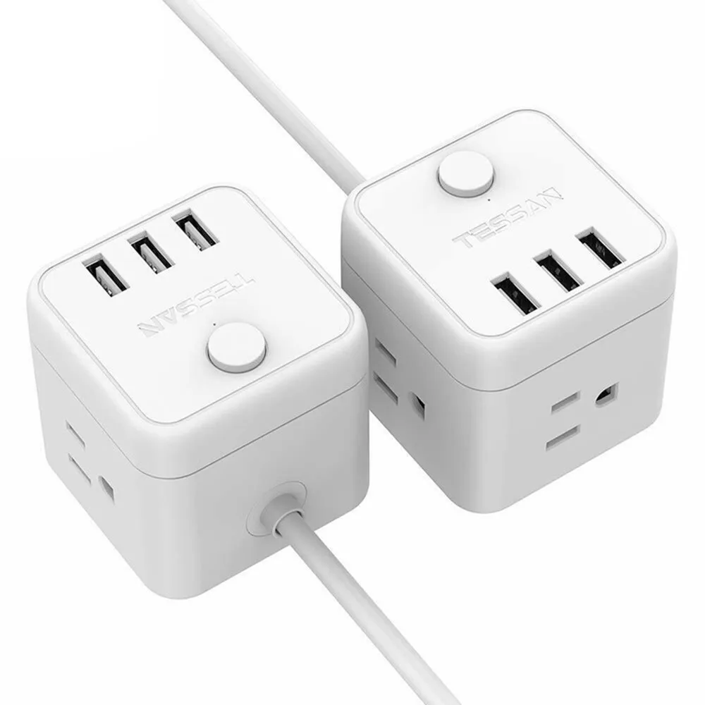 

TESSAN Mini US Standard Plug Power Strip Cube with 3 Outlets 3 USB Charging Ports 1.5m/5ft Extension Cord for Home Travel 2-Pack
