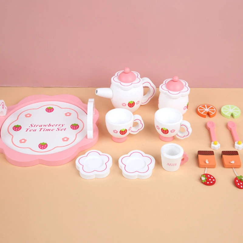

Girls Toys Simulate Wooden Kitchen Toys Pink Tea Set Play House Educational Toy Tools Baby Early Education Puzzle Tableware Gift