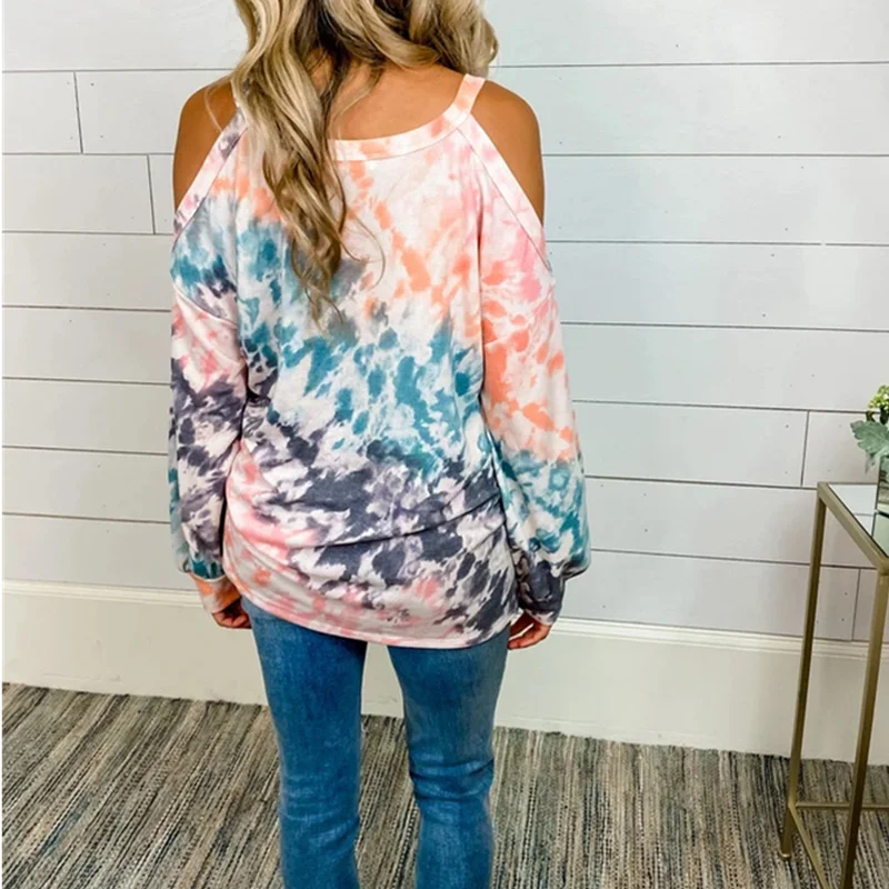 

Tie Dye Print Sexy Women Autumn Blouse Casual Loose Cold Shoulder Hollow Out Pullover Blouses Shirt Fall Jumper Blusas Tops 2020