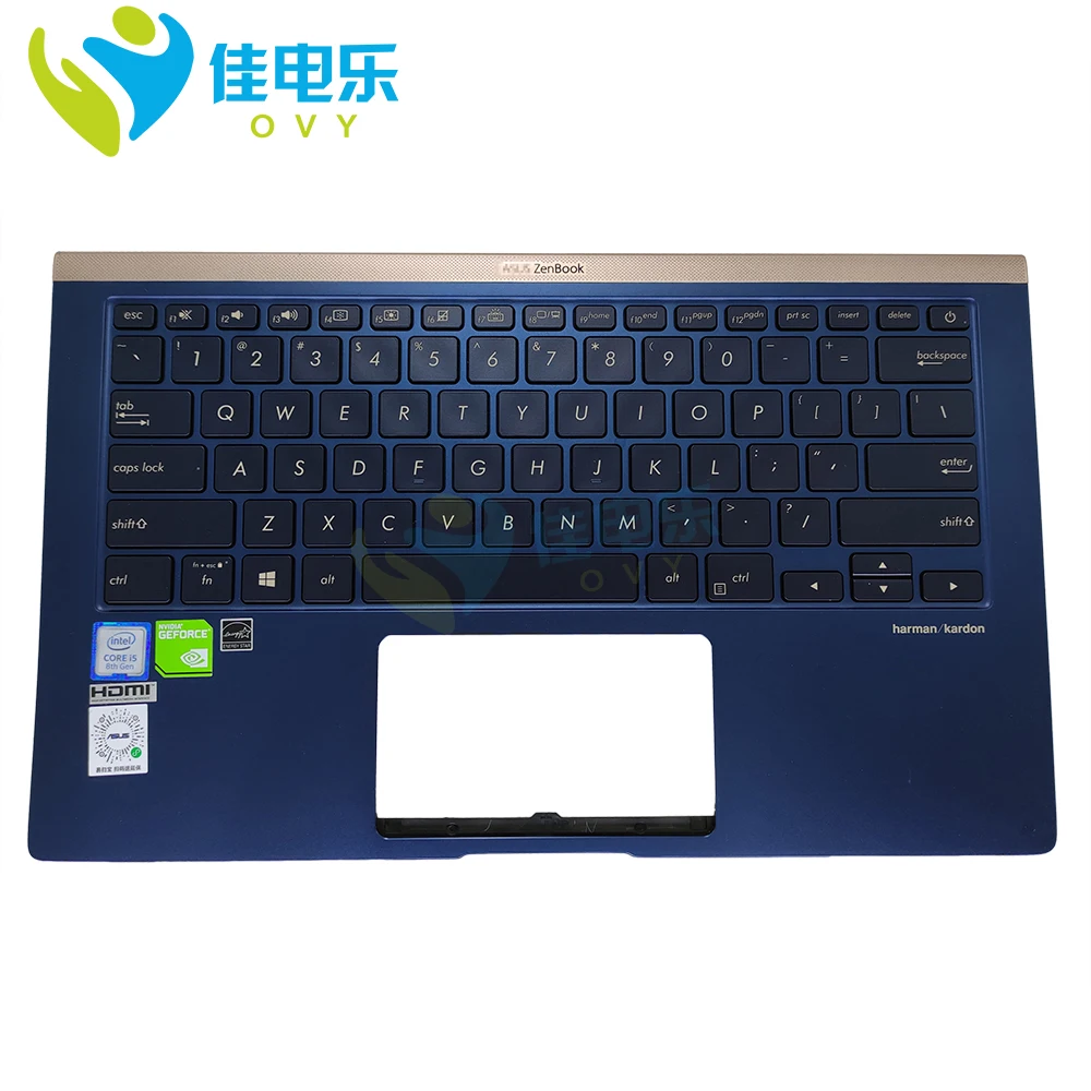 

US English Backlit Keyboard For ASUS ZenBook 14 UX433 UX433FA UX433FN Blue Palmrest Top Case Keyboards Teclado 90NB0JQ1-R32US0