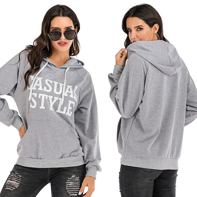 

Kili Hoodies Women Autumn Letter Printing Sweatshirt Hooded Long Sleeve Loose Casual Pullover Top with Pocket Gray