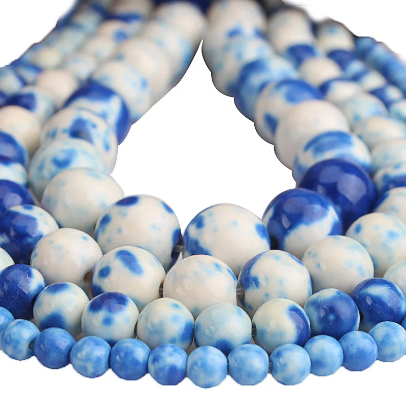 Бело-голубые разнообразные круглые бусины из натуральной глины и керамики 4 6 8 10