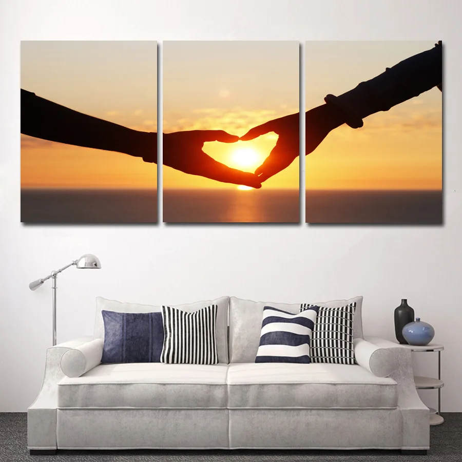 Современный дом Тройная любовь рука МУРАЛ С закатом раньше картина маслом холст