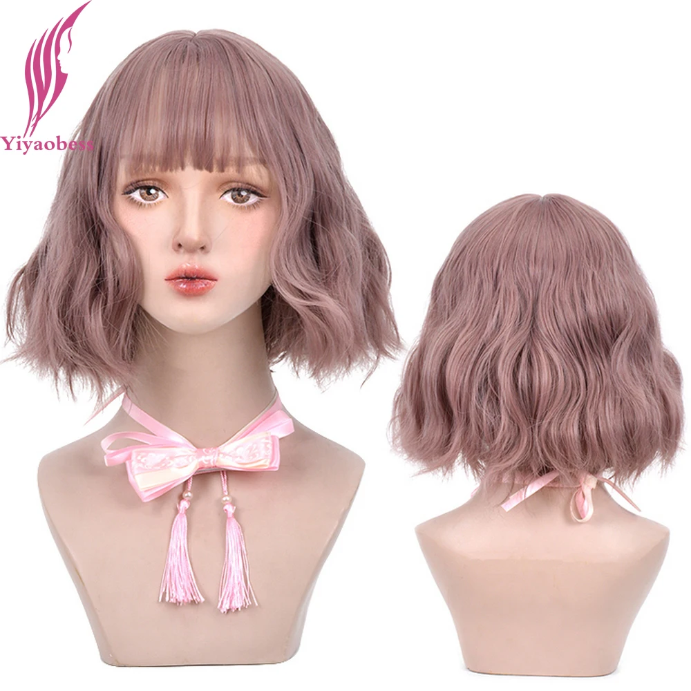 

Yiyaobess Black Brown Purple Green Pink Orange Ombre Short Wavy Wig With Bangs Synthetic Hair Cosplay Wigs For Women Pelucas