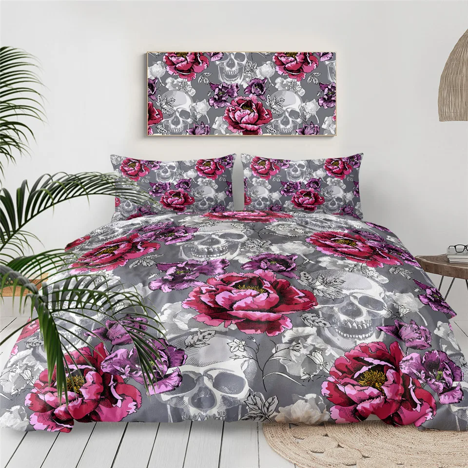 BeddingOutlet покрывало с изображением сахарного черепа, Комплект постельного белья с цветочным рисунком, постельное белье с розовым цветком пиона, готическое серое покрывало King, комплект из 3 предметов