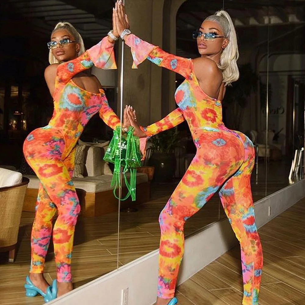 orange jumpsuits Adogirl с принтом Tie Dye, с открытыми плечами, женский сексуальный комбинезон, с вырезом лодочкой, с длинным Расклешенным рукавом, Облегающий комбинезон, модные комбинезоны для ночного клуба - Цвет: orange jumpsuits