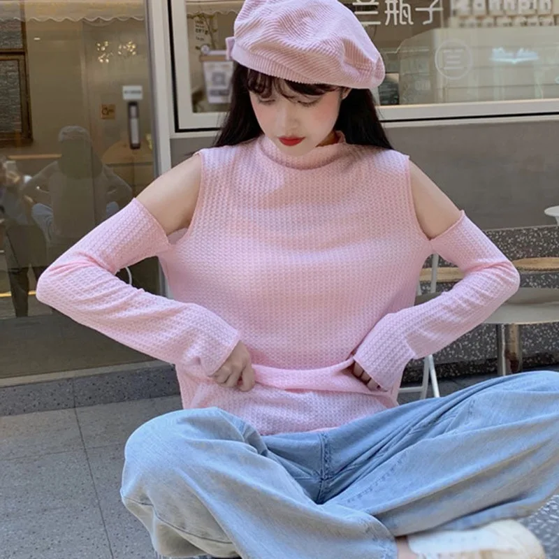 

Women' s Turtleneck Pullover Sweater Autumn And Winter Off Shoulder Long Sleeve Solid Color Loose Casual Design Sweater