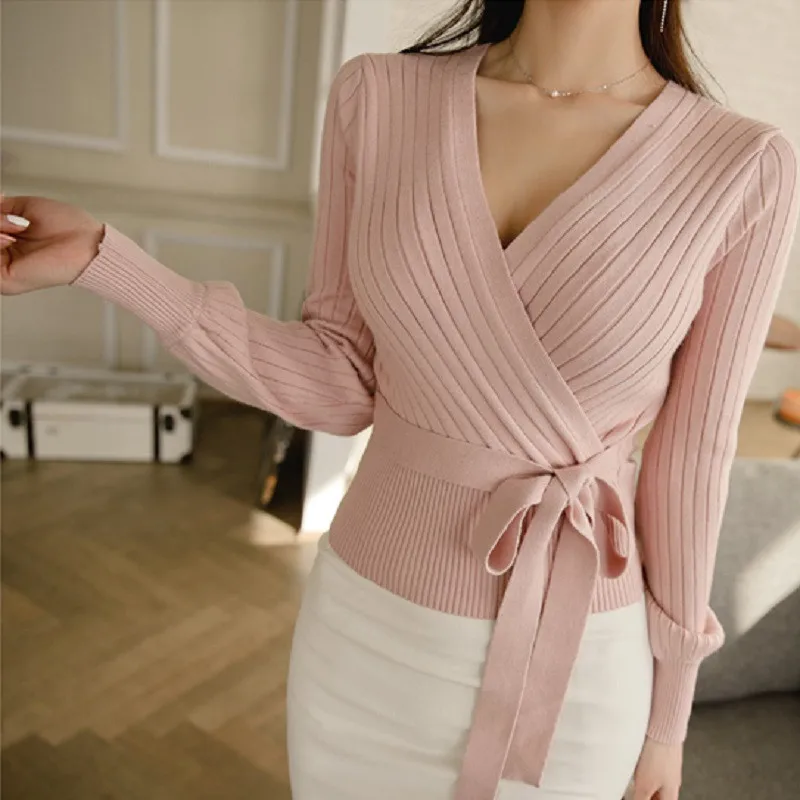 elastic v neck sexy lacing up wrap sweater women fall black knitted cardigans jumper ladies tops soft lantern sleeve | Женская одежда