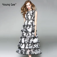 young gee women summer runway dress 2020 fashion white black lace princess cake floral embroidered long maxi dresses vestidos