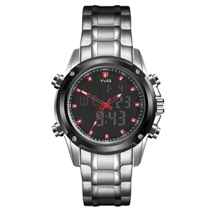 Часы наручные мужские кварцевые с двойным дисплеем, спортивные водонепроницаемые цифровые светодиодные в стиле милитари, с ремешком из нержавеющей стали, TVG526