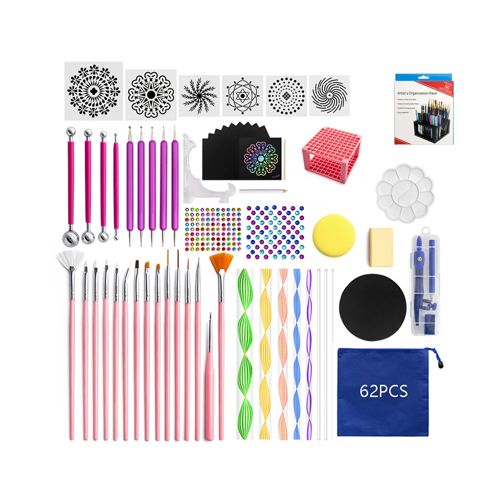 

62pcs Mandala Dotting Tools Set Pen Dotting Tools Mandala Stencil Ball Stylus Paint Tray For Painting Rocks, Coloring, Drawing