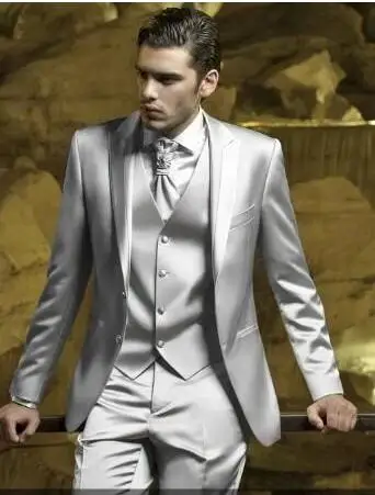 Новейший дизайн пальто и брюк серебристо-серый атласный мужской костюм