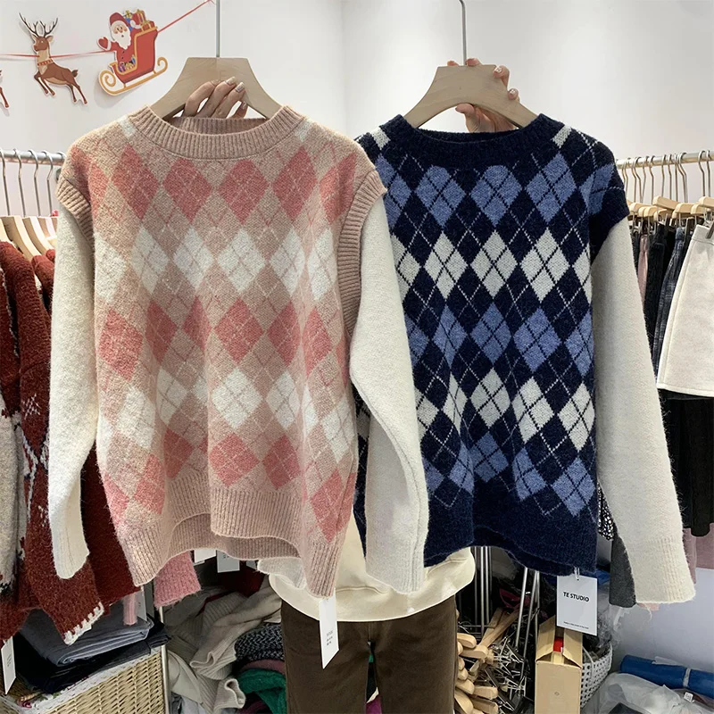 Имитация двух частей Алмазный решетчатый свитер 2021 Весна Новый корейский стиль