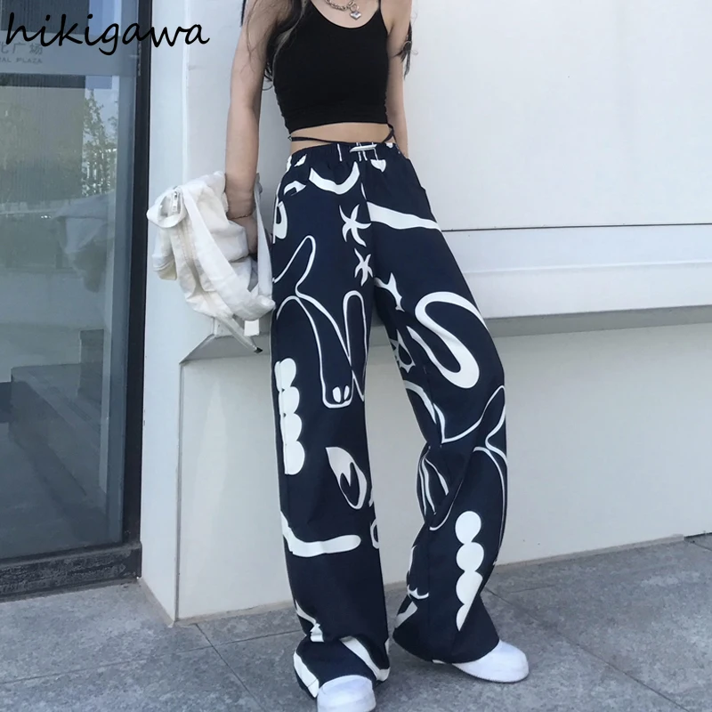 

Корейские модные спортивные брюки Hikigawa, Новинка лета 2021, женские прямые широкие брюки с высокой талией, повседневные брюки с завязкой