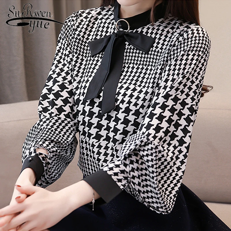 

Fashion women blouses 2021 new long sleeve plus size print chiffon blouse shirt bow collar office work blouse women tops 2710 50