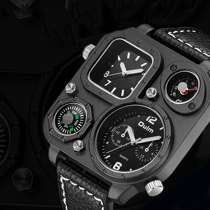 

Oulm Quartz Casual Man's Wristwatches Corium Strap Large Dial Square Watch Men COMPASS, Thermometer