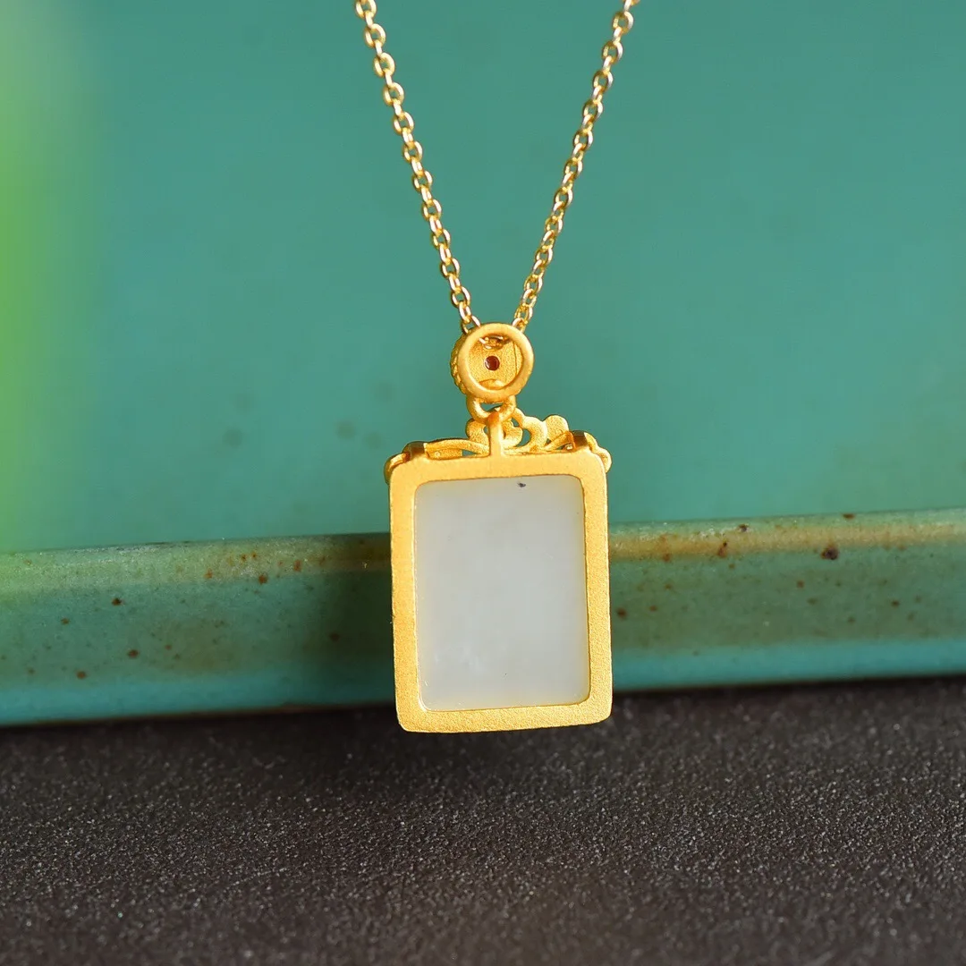 

Natural Hetian Jade Square Pendant Necklace Women 925 Sterling Silver Clavicle Chain Party Wedding Jewelry Gift