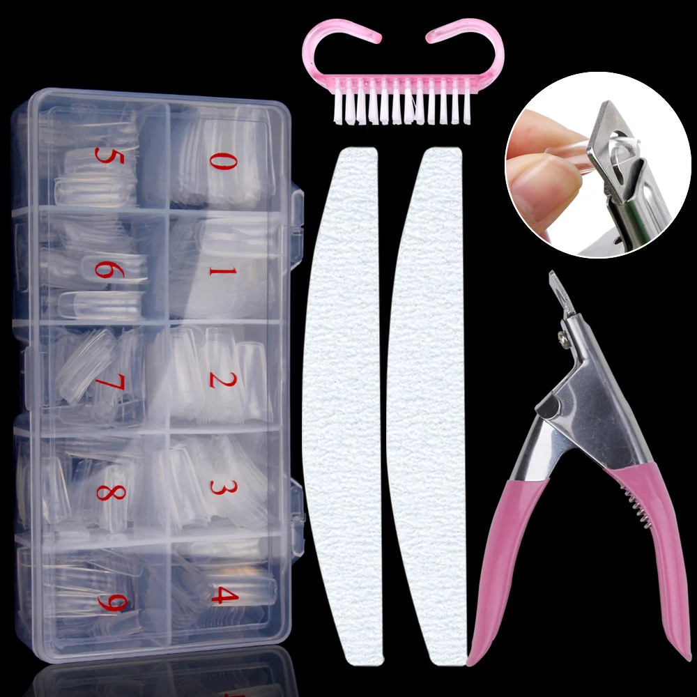

500pcs/Box Artificial Nail Tips Manicure Kit Full Cover Nails Cutter Scissors Nail File Lime 100/180 Double Side Nail Art Tools
