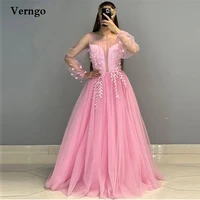 verngo 2022 new pinkwhite tulle puff long sleeves wedding dresses 3d leaves lace applique o neck garden elegant bridal gowns