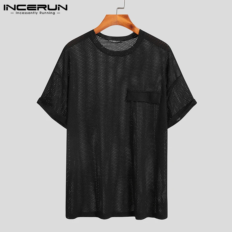 

INCERUN 2021 Men T Shirt O Neck Short Sleeve Streetwear Hollow Out Sexy Casual Tee Tops Summer Solid Color Men Clothing S-5XL