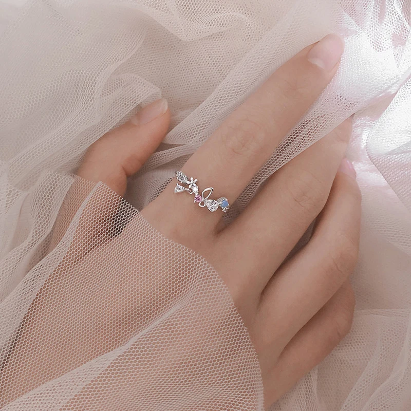 

925 Sterling Silver Korean Original Colorful Wreath Ring Light Luxury Sexy Index Finger Female Opening Adjustable Gift
