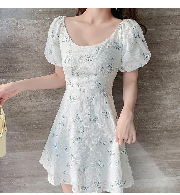 

Hebe&Eos Print Dresses Women Summer Sundress A-line O-neck Floral Pattern Cami Boho Mini Dress Short Puff Sleeve Bechwear