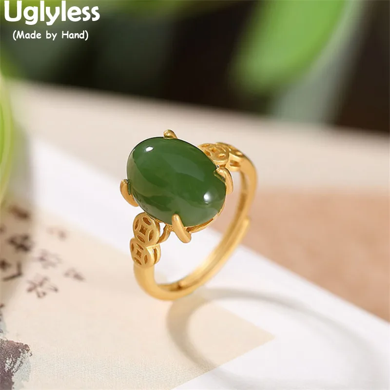 Uglyless Natural Green Jade Jasper Rings for Women China Old Coins Open Rings Gold 925 Silver Oval Gemstone Luxury Dress Jewelry