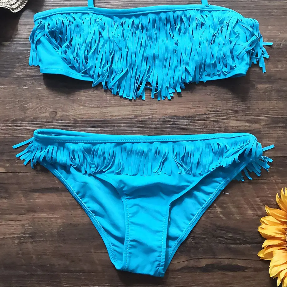 9-14 Years Girl Swimsuit Kids Swimwear Tassel Teenage Bikini Set Halter Top Girls Bathing Suit 2 Piece Children's