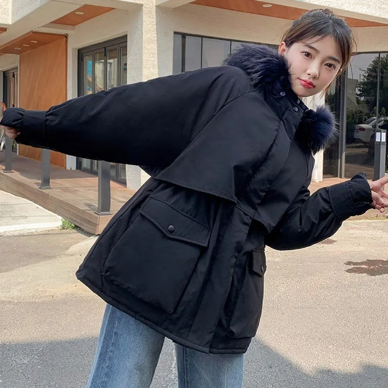 

Winter new down padded jacket women Korean military uniforms drawstring waist mid-length padded jacket fashion padded jacket