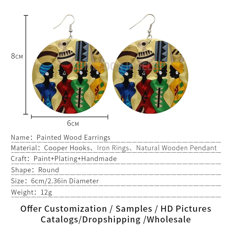 SOMESOOR Модные Черные сестры афро головной убор деревянные висячие серьги