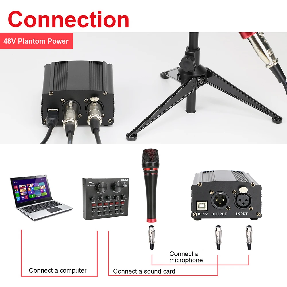 

Professional Karaoke Microphone Phantom Power Sound Card Kits Studio Condenser Microphone for Pc Computer Phone Mikrofon Tripod