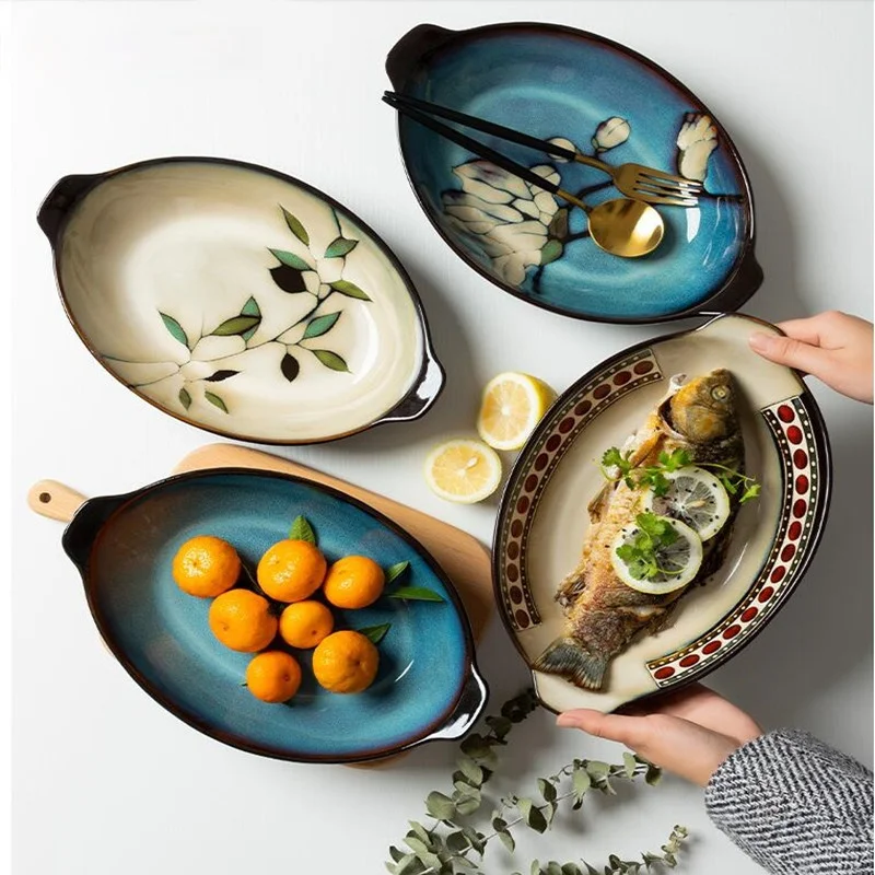 

1pcs Consumer and Commercial Hand-painted Binaural Fish Dish Western Food Buffet Pastry Wine Tray Dishes Kitchen Supplies