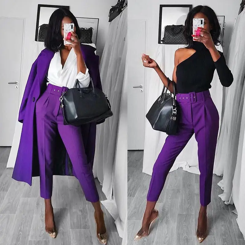 

Office Lady Black Suit Pants with Belt Women High Waist Solid Long Trousers Fashion Pockets Pants Trousers Pantalones