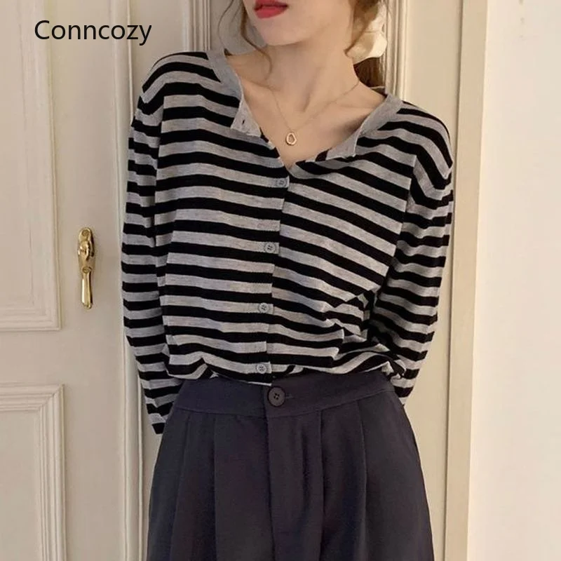 

Sweaters Women Clothing Autumn Trendy Basic Long Sleeve Soft Striped Ladies Knitwear Single Breasted Simple Woman Cardigans 2021